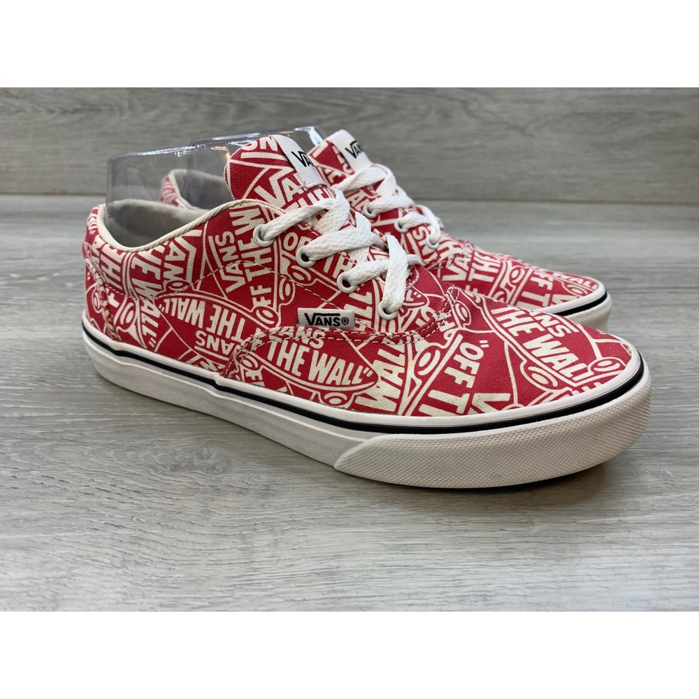 Vans Off The Wall Logo Print Red White Canvas Low Top Sneakers Youth 5 Casual